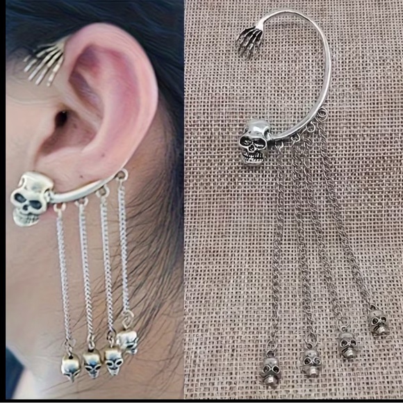 Gothic Silver Skull Chain Ear Cuff - Picture 3 of 3